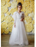 Ruffle Sleeves Beaded Ivory Lace Tulle Feather Flower Girl Dress